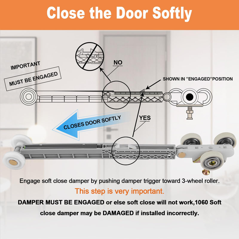 Pocket Door Soft Close Top Hanger Assemblies Fit for Johnson P/N #1060 & #1062, Sliding Door Roller Works with 100, 134F, 138F, 2610F Series Track, 1" Nylon Ball Bearing Tri-Wheel, Bi-Direction (1PC) 1PC