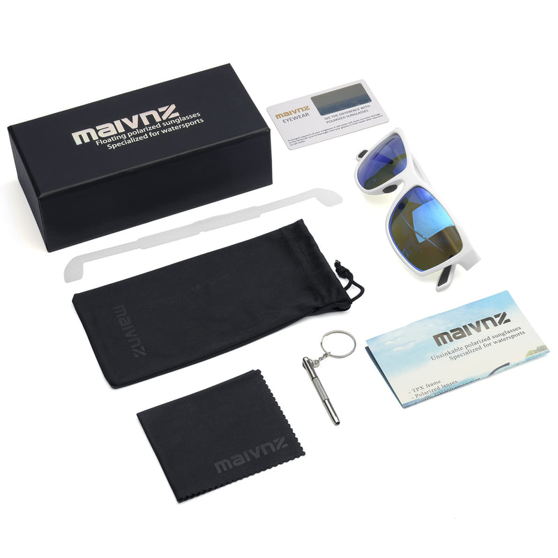 maivnz Floating Polarized Fishing Sunglasses for Men Women, Unsinkable UV400 Sports Glasses for Kayaking, Boating & Surf White Casual Frame Blue Revo Lens