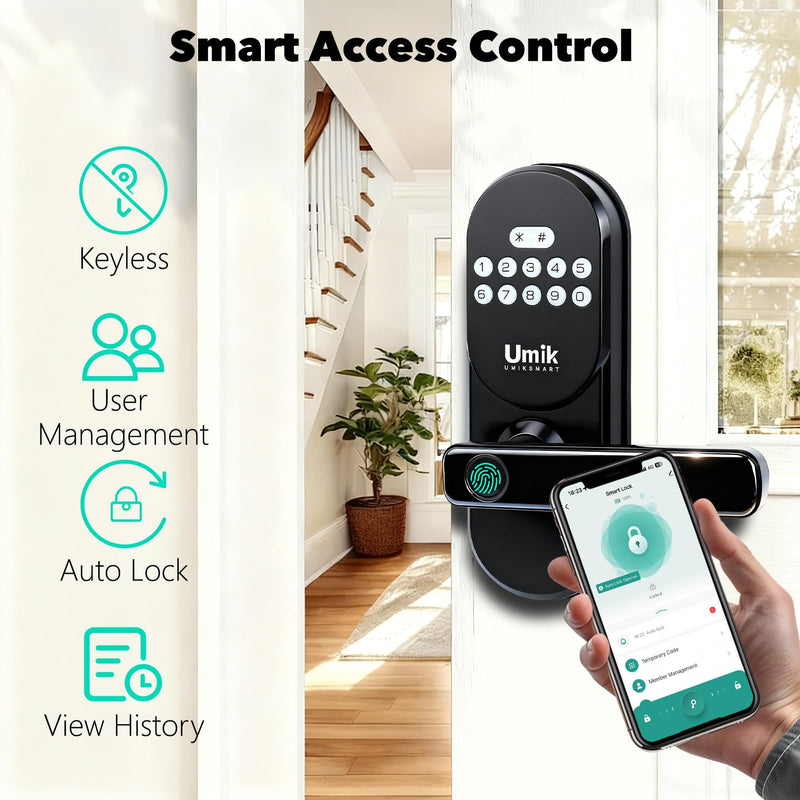 Fingerprint Smart Door Lock with Handle, Keyless Entry Door Lock for Front Door, Auto-Lock, APP Control, Easy Install (Black)