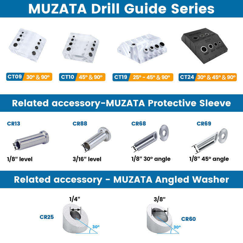 Muzata Upgraded Multi Angle Cable Railing Drill Guide Jig Fit 30 45 90 Degree Portable Drilling Template 4 Sizes for Horizontal and Angle Hole for Wood Post Lag Screw Cable Railing Kit Tool CT24