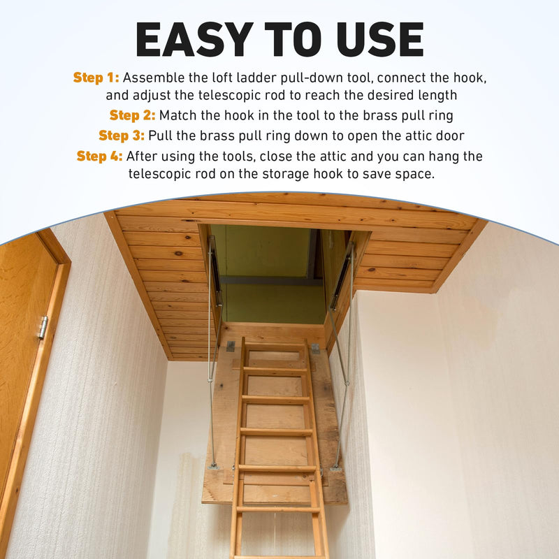 Attic Ladder Pull System Kit - Attic Pull Down System Hook Set Replacement for Cord Ropes with 60 Inch Extension Pole and Copper Storage Hook Handle Parts Tool