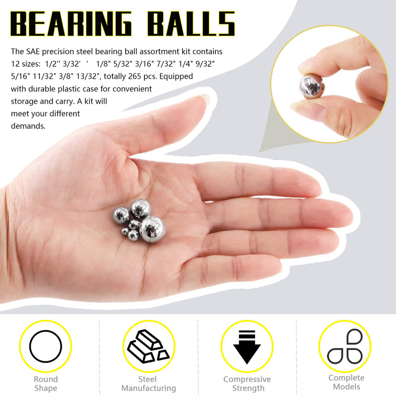 265 Pcs 12 Sizes Precision Chrome Steel Bearing Ball Assortment Kit with Storage Box 1/2'' 3/32’’ 1/8" 5/32" 3/16" 7/32" 1/4" 9/32" 5/16" 11/32" 3/8" 13/32" SAE 265