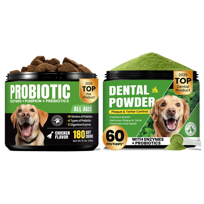 Digestive & Skin Support Chews + Dental Care Powder - Probiotics with Enzymes for Gut Comfort & Itch Ease, Tartar Control & Fresh Breath for Dogs & Cats - 180 Chews + 150g Powder