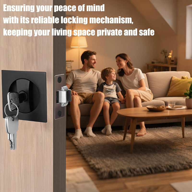 Pocket Door Lock with Key, Matte Black Sliding Door Hardware Privacy Door Latch Bifold Door Locks for Bathroom Bedroom Home Replacement, Fit for Standard Doors with 1" Diameter Holes