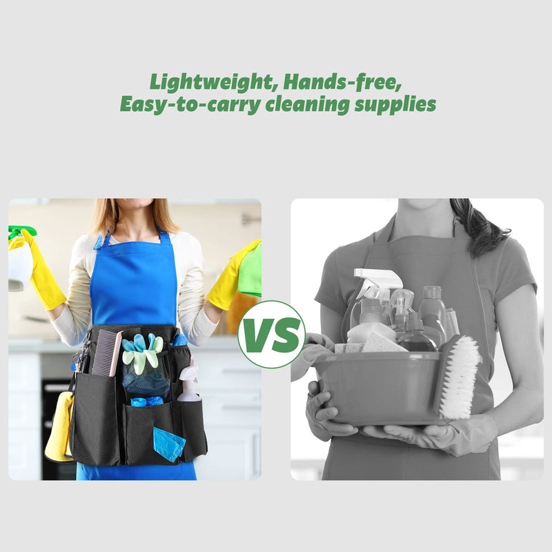 LoDrid Cleaning Apron for Housekeeping with 9 Pockets, Professional Cleaning Bag with Adjustable Waist Belt, Cleaning Supplies Apron for Work, Black