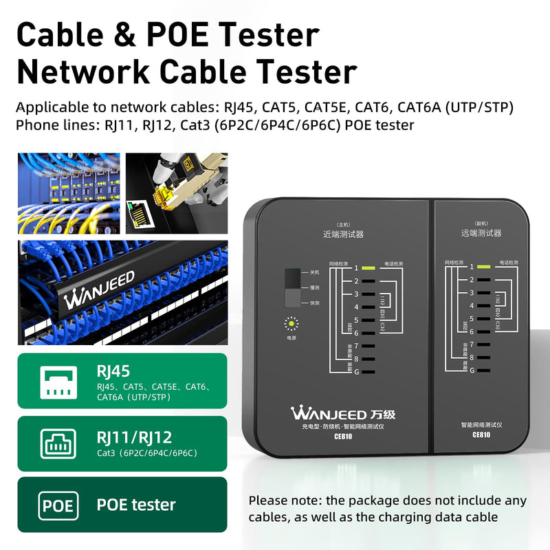 Professional Rechargeable Network Cable Tester - for RJ45/RJ11/RJ12, Tests CAT5/CAT5e/Cat6/Cat6a/CAT7 UTP/STP, PoE & CAT3, Wire Mapping, Fault Finder-Black-CE810 Charging Ethernet Tester-Black
