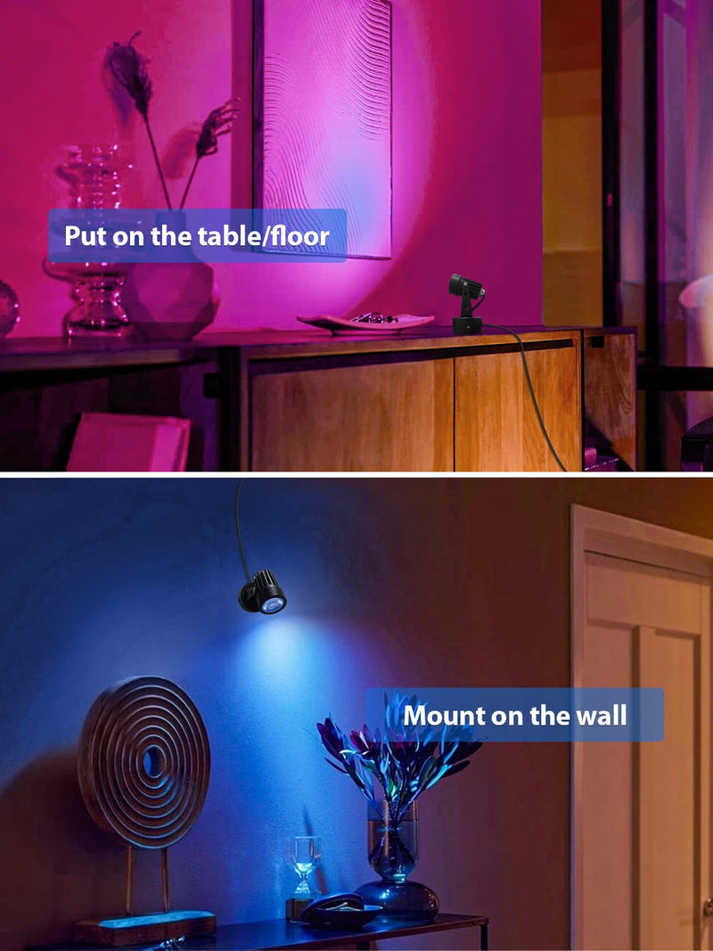 Christmas LED Spot Lights Indoor 3W RGB Accent Lighting Up Lights Indoor Spotlight Lamp for Plants 120V Uplighting Decor US 2-Plug 6 FT Cord with Floor Foot Switch (1 Pack with Base) RGBW 1 Pack