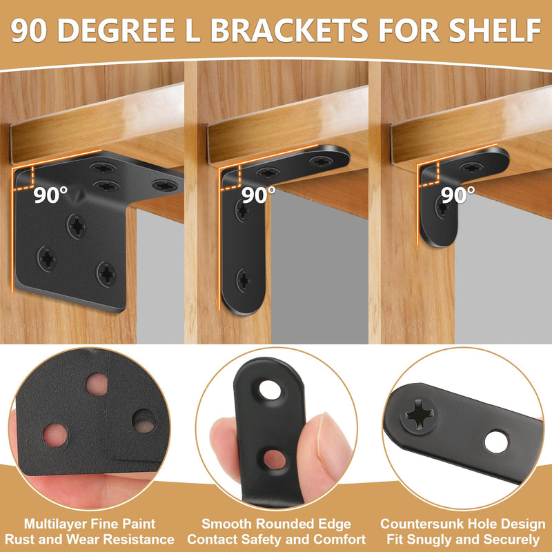 25Pcs L Brackets for Shelves, 3 Sizes Angle Corner Braces Metal L Bracket Heavy Duty for Wood, Sturdy and Rustproof for Repairing Furniture with 82Pcs Screws Mounting Bracket Easily Black 3 SIZE Black