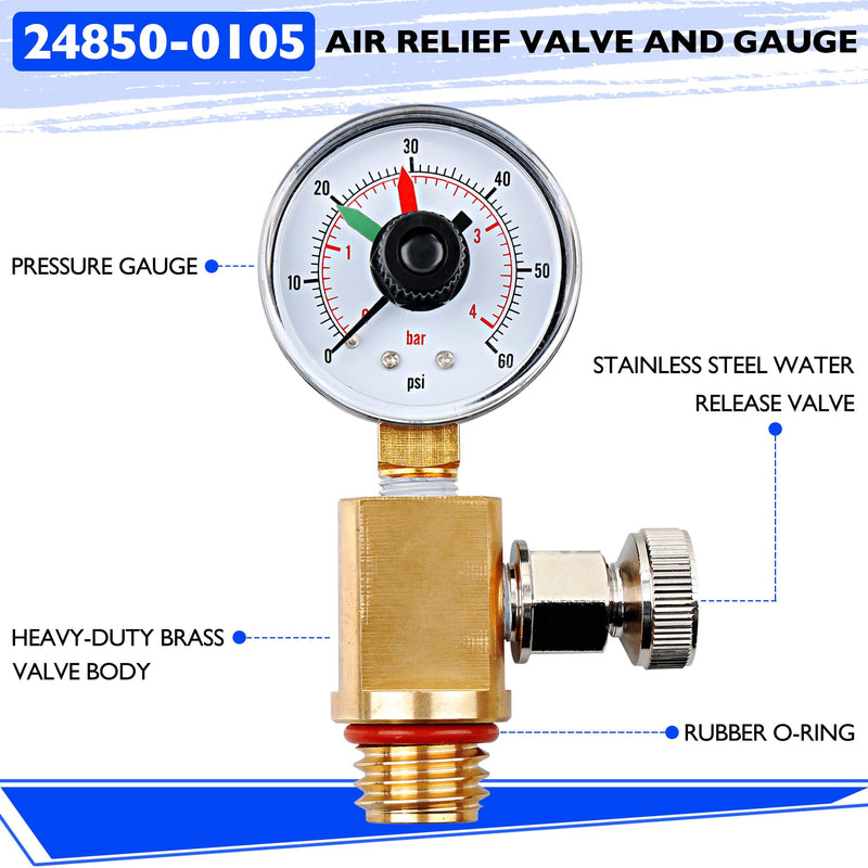 24850-0105 Brass Air Relief Valve and Pressure Gauge Assembly Fit for Sta-Rite System 3 Pool & Spa Cartridge Filters - Durable Brass Valve & Dial Gauge for SM, SD, SS Series Models - Easy to Install
