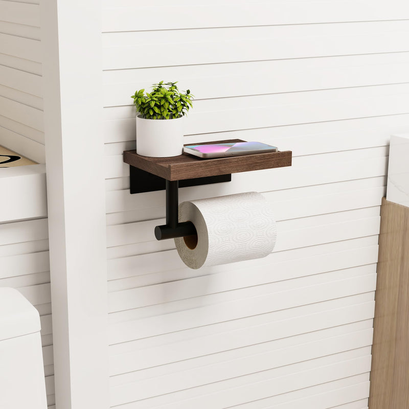 Wood Toilet Paper Holder with Wood Shelf, Wall Mount Tissue Paper Roll Holder, (Walnut) Walnut Wood & Matte Black