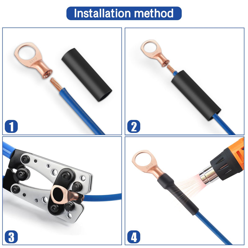 XHF 10PCS 1/0 AWG-3/8" Heavy Duty Battery Lugs with 3:1 Heat Shrink Tubing, Ring Terminals Battery Cable Ends Copper Eyelets Electrical Battery Connectors 1/0AWG-3/8"(M10)Ring 10