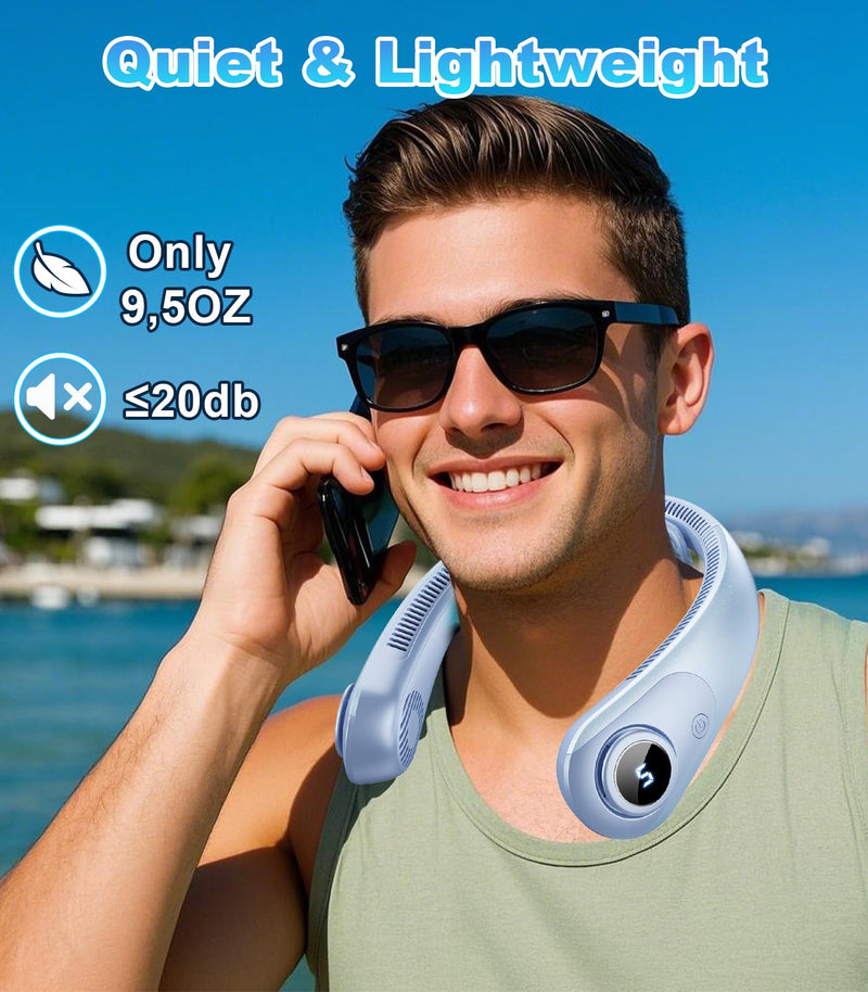 Portable Neck Fan With LED Display, Hands-free 5 Speeds Cooling, Neck Support, Lightweight, Battery Operated, Personal Bladeless Fan Rechargeable, Gift for Women Men, Hot Flashes, Travel, Camping ocean blue