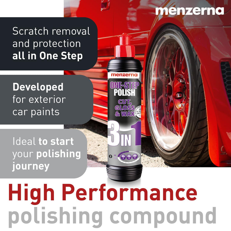 menzerna 3in1 Polishing Set – One-Step Polish (8oz) + Drill Machine Adapter + Medium Cut Pad | Polish Your Car with a Cordless Drill Adapter Set