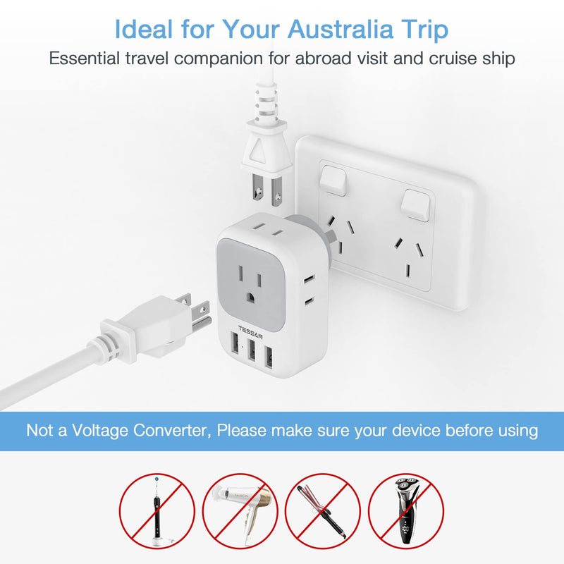 TESSAN Australia Power Plug Adapter, US to New Zealand Power Adapter with 4 American Outlets 3 USB Charger, Type I Travel Adaptor for USA to Australian, China, AU, Argentina, Fiji, Cook Islands, Samoa gray/white-Type I