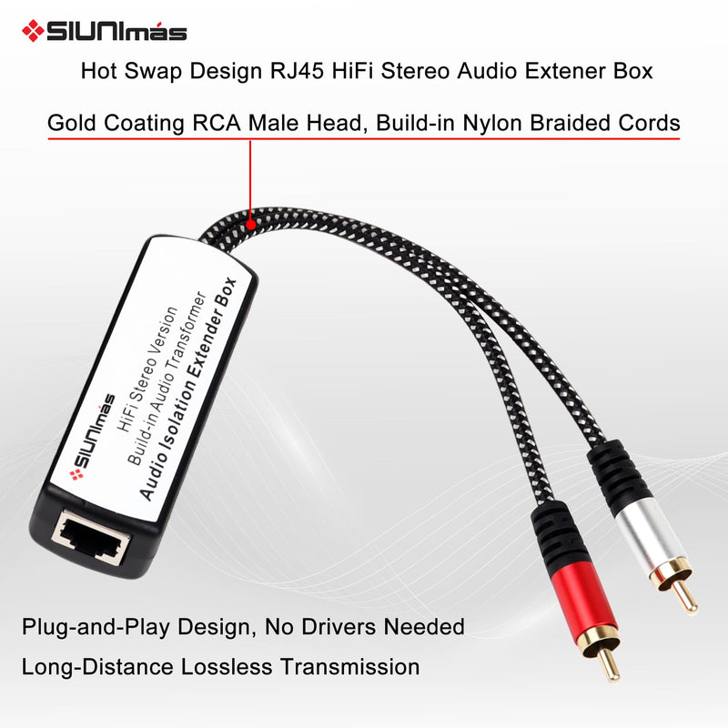 One Pair Pro Network RJ45 RCA Stereo Audio Extender Box Signal Converters Build-in Audio Isolators Connecting Over Cat5 / Cat6 etc with Quality Nylon Braided RCA Cords SIM-RJ45-RCA TO RCA (M-M)