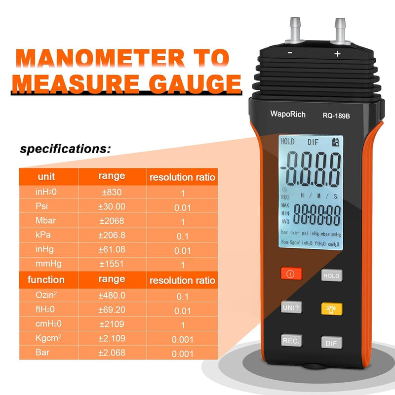 Manometer Air Pressure Meter, WapoRich Dual-Port HVAC Gas Pressure Tester ±30Psi/206.8Kpa ±0.3% with 11 Selectable Units of Differential Pressure Gauge, Backlight and Data Record RQ-189B(Limit maximum pressure:30Psi)
