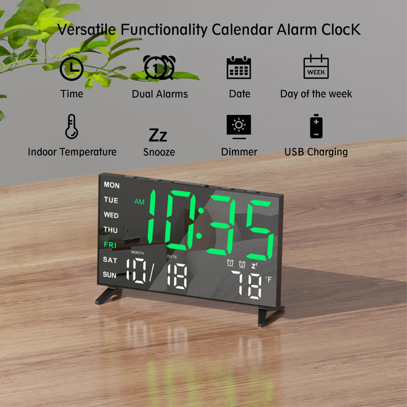 Mirror Digital Loud Alarm Clock with with Date,Indoor Temperature,USB Charging Port,Dimmer,Adjustable Volum,12/24H,Snooze,Dual Alarms (Weekday/Weekend),Perfect for Bedroom and Living Room Black+green Digit