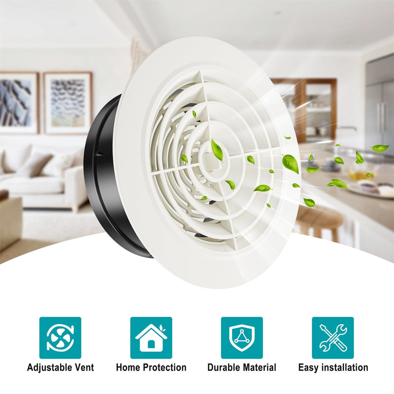 HG POWER 6 Inch Soffit Vent，Round Air Vent Cover with Louver, ABS Adjustable Ceiling Vent Covers for Living Room, Bathroom, Kitchen, Greenhouse, Ventilation System, White - Opening Size 5.75"