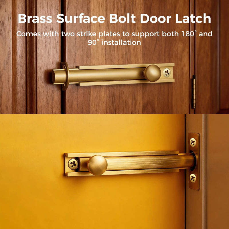 4 Sets Brass Surface Bolt, 3 in Brushed Brass Slide Bolt Lock with Screws, Sliding Door Latch Bolt for Cabinet Door, Closet, Bathroom, Bedroom, Barn Door, Home Security