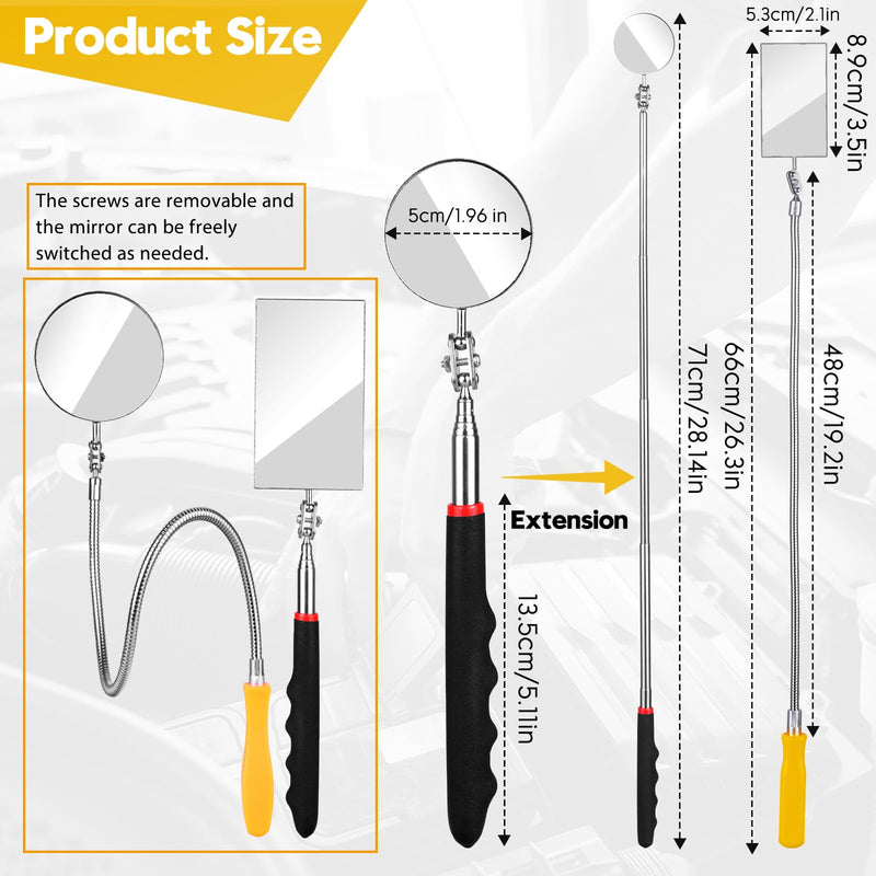Telescoping Inspection Mirror, Flexible Retractable Automotive Extension Round Mirror 360 Rotation&Bendable Square Mirror, Extendable Mirror on a Stick for Checking Vehicle Condition-Gift for Men Yellow/Black