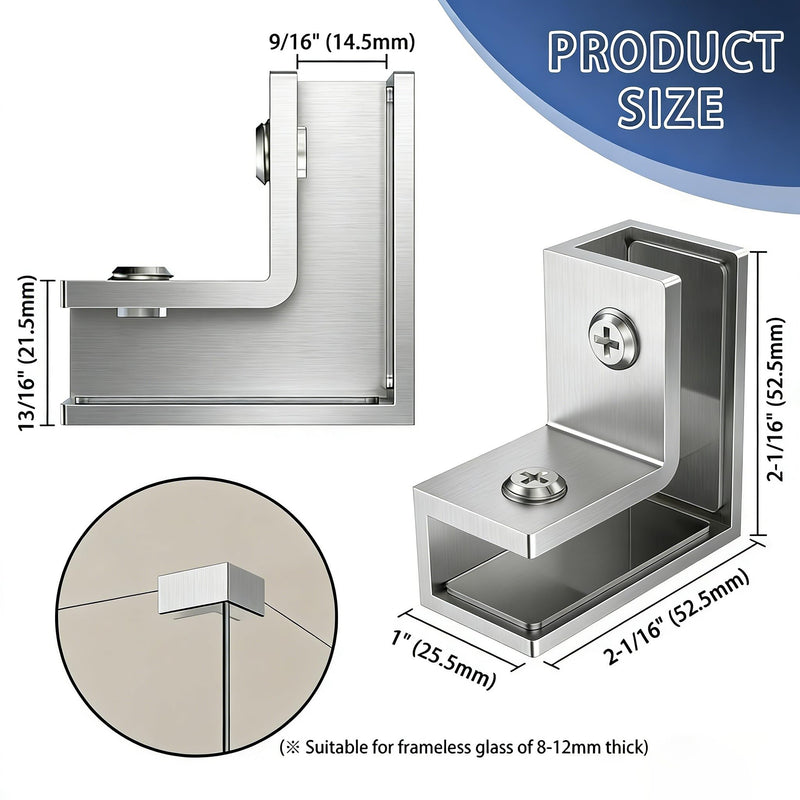 Ranbo Solid Brass 90 Degree Glass to Glass Sleeve-Over Shower Panel Clamp | heavy-duty design, fits 5/16"–1/2" (8–12 mm) thick glass, brushed nickel