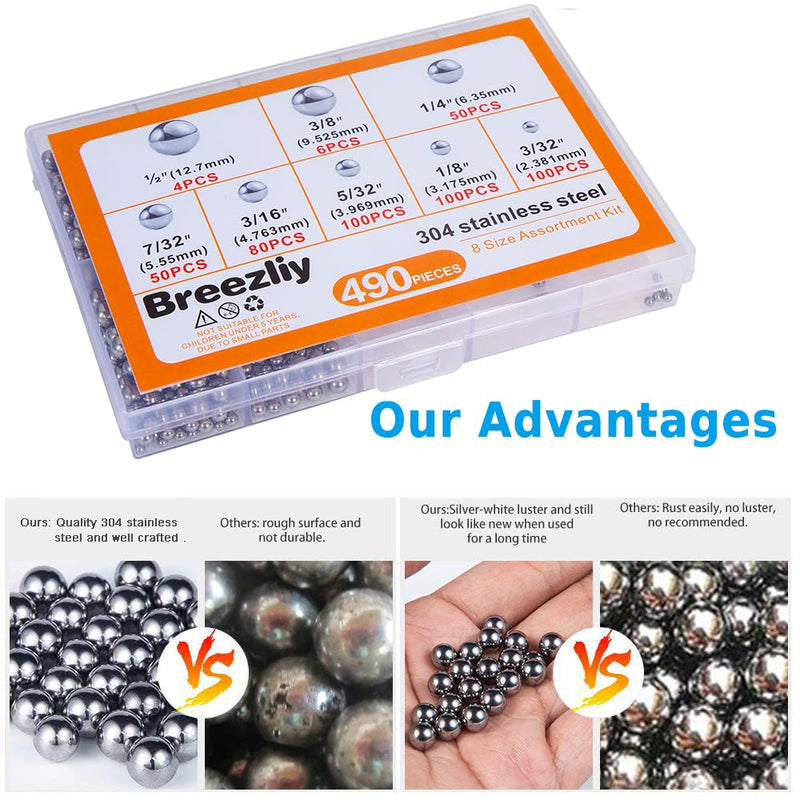 490Pcs 3/32"-1/2" Precision Chrome Steel Assorted Loose Bicycle Bearing Steel Ball Assortment Kit(8 Sizes 490Metric) 490