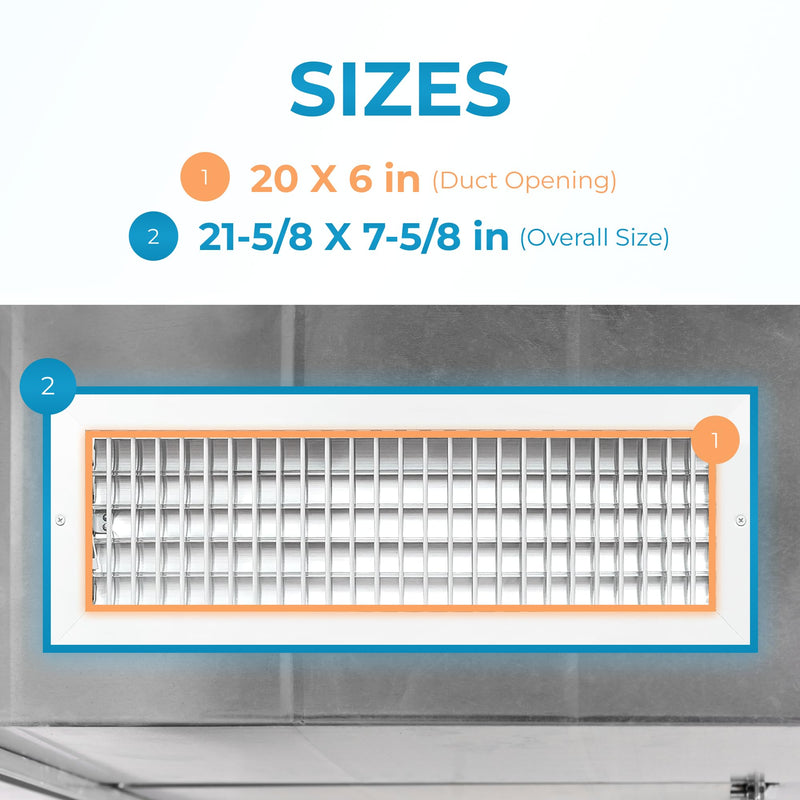 Aluminum 20 x 6 In (Duct Opening) Heater Vent Deflector Wall AC Grille – Premium Register Vent Cover – Durable Rustproof Wall Grille – Overall Size 21-5/8 x 7-5/8 Inch – Adjustable Front Blades, White 20"W x 6"H [Duct Opening]
