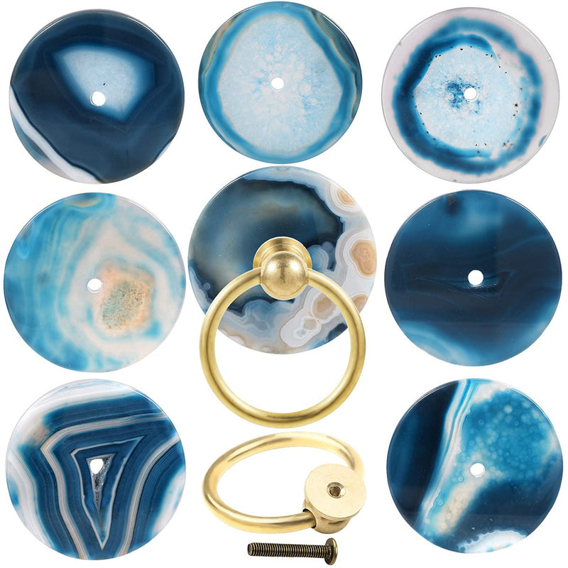 mookaitedecor 4 PCS Round Agate Slice Cabinet Knobs with Drawer Rings Pull Handle Knob for Dresser Wardrobe Cupboard Decorative Blue