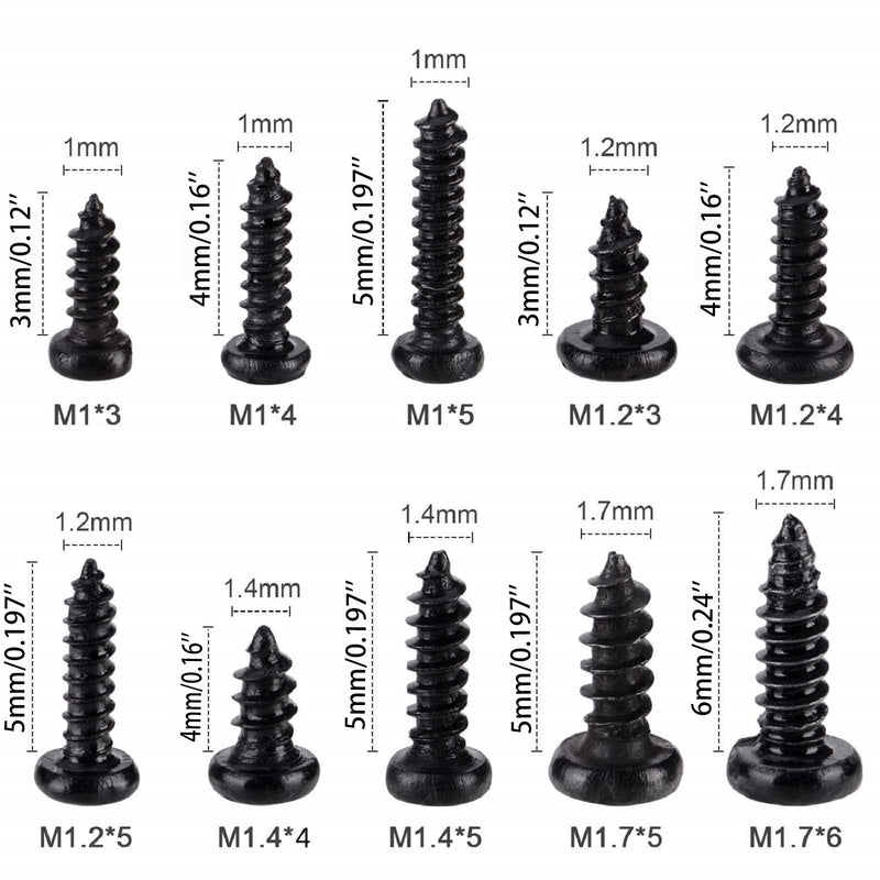 AXK 1000PCS M1 M1.2 M1.4 M1.7 Phillips Round Head Self Tapping Small Screw Micro Screws Electronic Small Black Bolts Wood Screws Kit