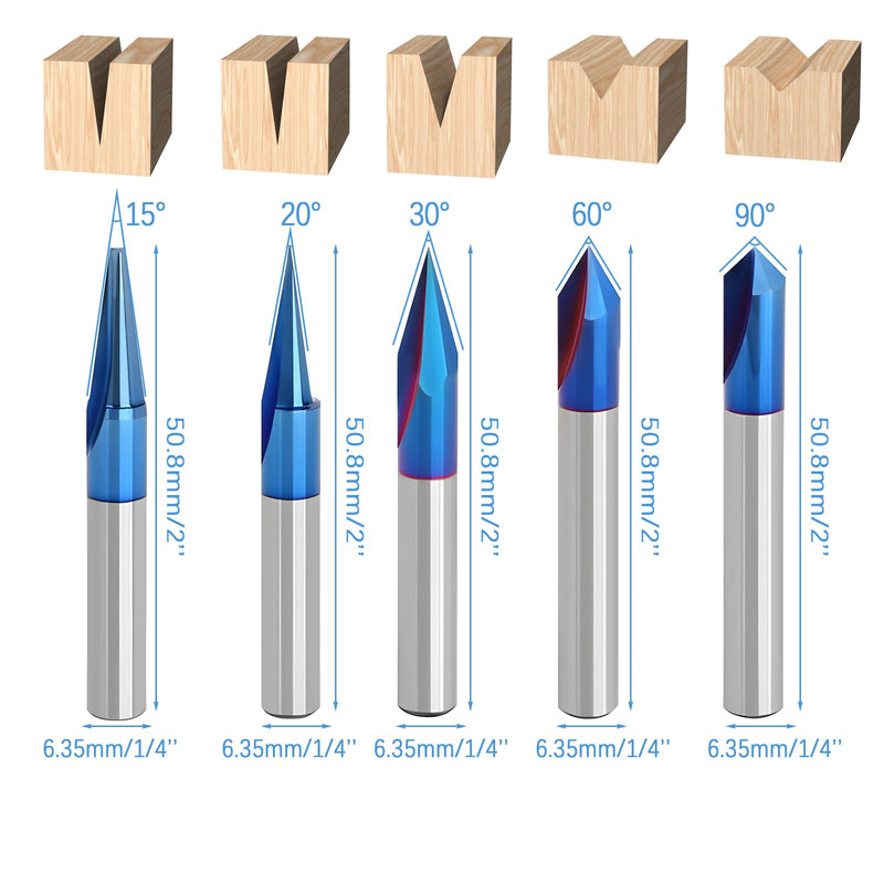 CNC Wood Carving Router Bits Set of 5, 1/4 Shank, 15°/20°/30°/60°/90° Engraving Bits 2 Flutes Straight CNC V-bit with Nano Blue Coating CNC Milling Cutter Engraving Router
