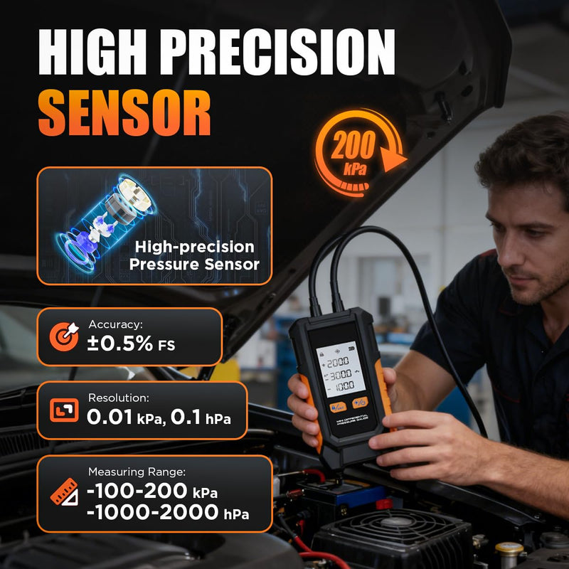Manometer Gas Pressure Tester -101 to 200KPa Digital Manometers Dual-Port Gas Manometers HVAC with Auto Calibration, Backlight LCD Display, Data Hold Air Pressure Meter