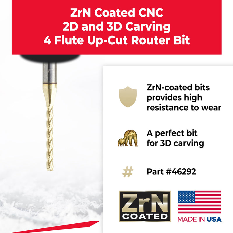 Amana Tool CNC Router Bits for 2D/3D Carving Flat Bottom, ZrN Coated, 46292, 0.10 Deg Angle x 1/8 Dia x 1-3/32 x 1/4 Shank x 2-1/2 Inch Long x 4 Flute