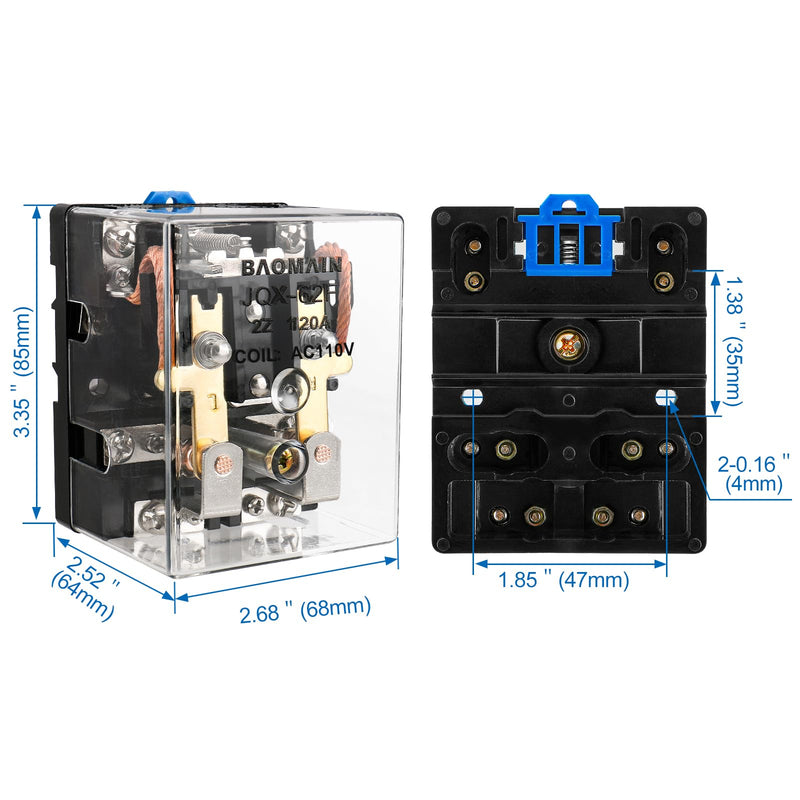 Baomain High Power Relay JQX-62F-2Z 110V AC 120A DPDT 2NO 2NC Electronmagnetic Relay Transparent Dust-Proof Type, 35mm Rail Mount Transparent (120A)
