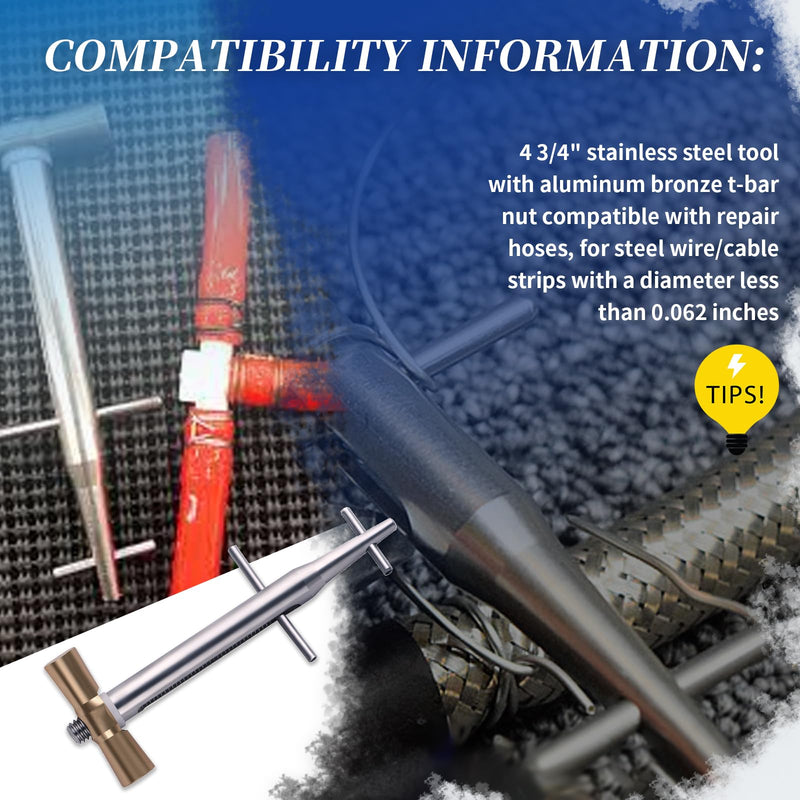4 4/5" Stainless Steel Tool with Aluminum Bronze T-Bar Nut Compatible with Repair Hoses, for Steel Wire/Cable Strips with a Diameter Less Than 0.062 Inches
