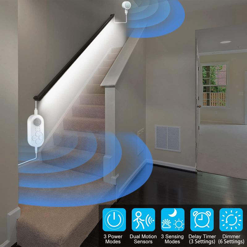 Dual Sensor Stair Lights Indoor: Plug-in Motion Activated LED Step Light Strip with Double Motion Sensors, Dimmer, and Timer for Stairways, Bedrooms, Corridors - Cold White 6000K, 32.8FT, 300 LEDs 32.8FT Light Strip