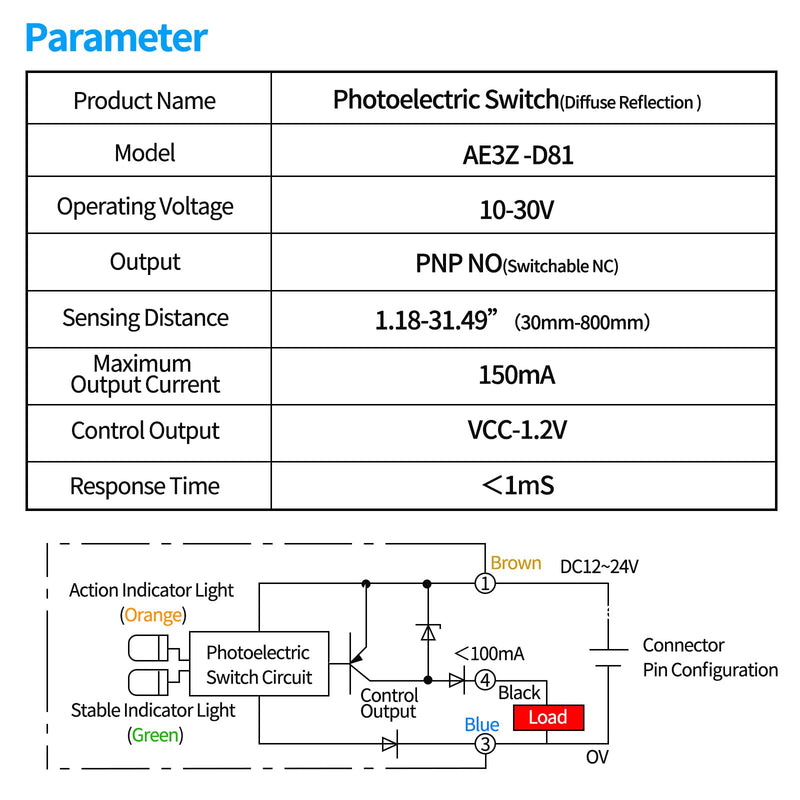 Photoelectric Sensor Switch PNP NO+NC,DC10-30V,Distance:80cm/31.52'', AE3Z-D61,Reflective photovoltaic Sensor,Garage Parking sensors,Infrared,Beam NPN