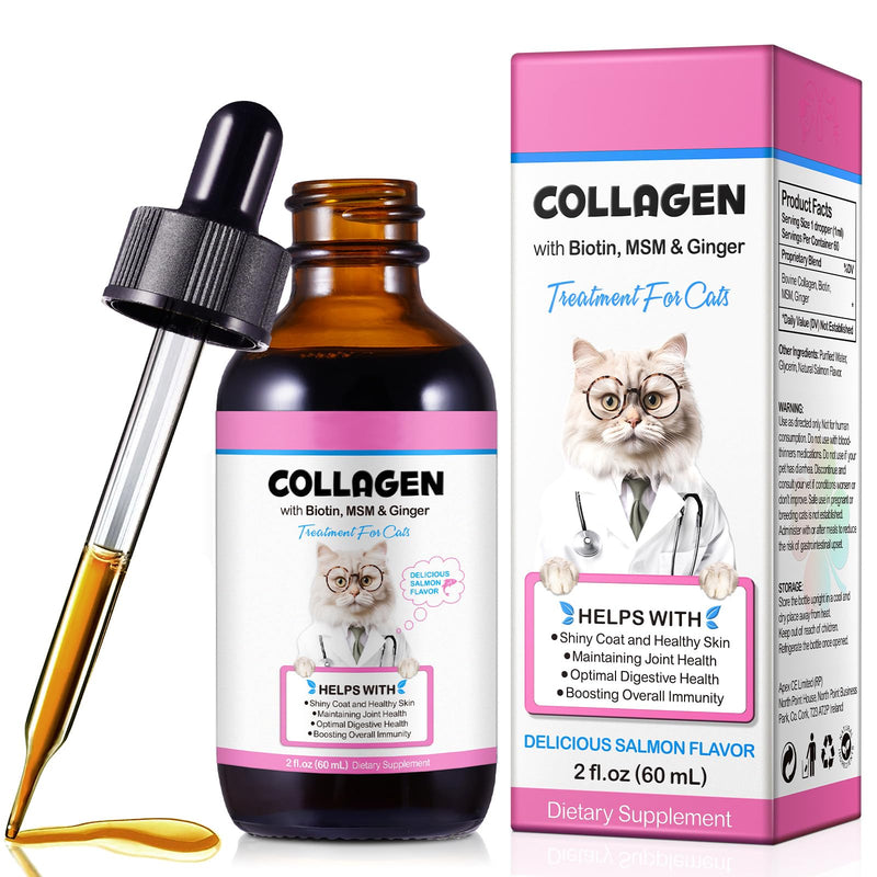 Liquid Collagen for Cats, Cats Collagen Liquid Drops with Biotin, MSM & Ginger Immunity Support, Itch Relief, Skin & Coat and Joint Health Supplement for Cat 60ml