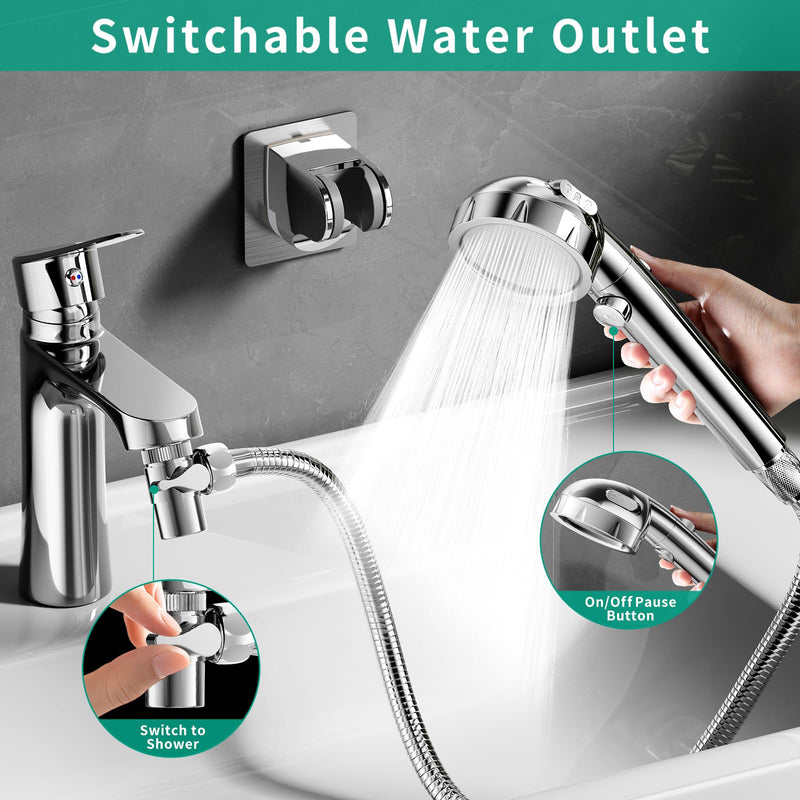 Sink Hose Sprayer Attachment for Faucet, 3 Mode Shower Head Attaches to Tub Faucet with 5 Adapters, High Pressure Shower Head for Bathtub Faucet, Handheld Shower Head with Filter (Chrome) Chrome
