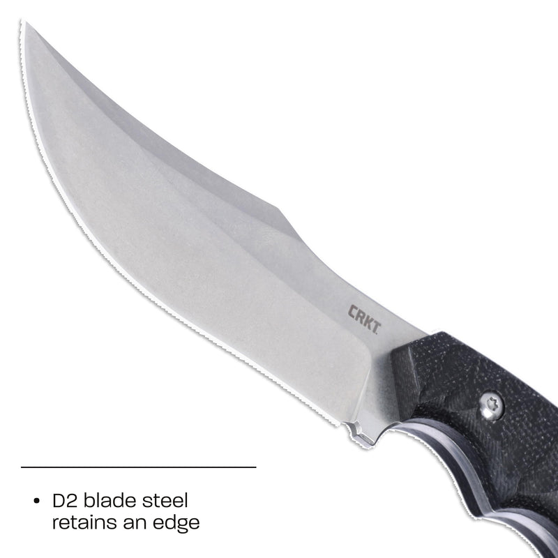 CRKT Burrower Everyday Carry Fixed Blade Knife with Sheath: D2 Steel Plain Edge Blade, Black & Gray Micarta Handle, 3610