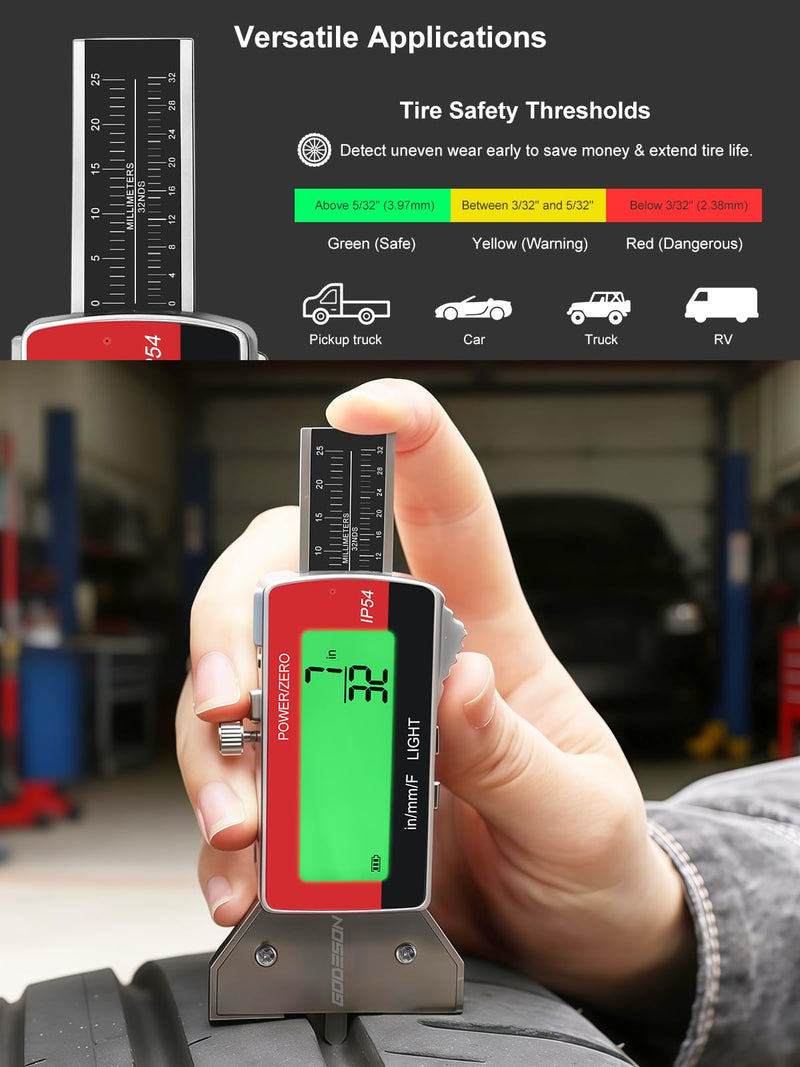 GODESON Tire Tread Depth Gauge,Rechargeable Digital Tire Depth Gauge - USB-C,3-Unit Switch (mm/Decimal/Fraction Inch), Backlit LCD Display, Auto Power Off, 0-32NDS for Car/SUV/Truck Wear Measurement