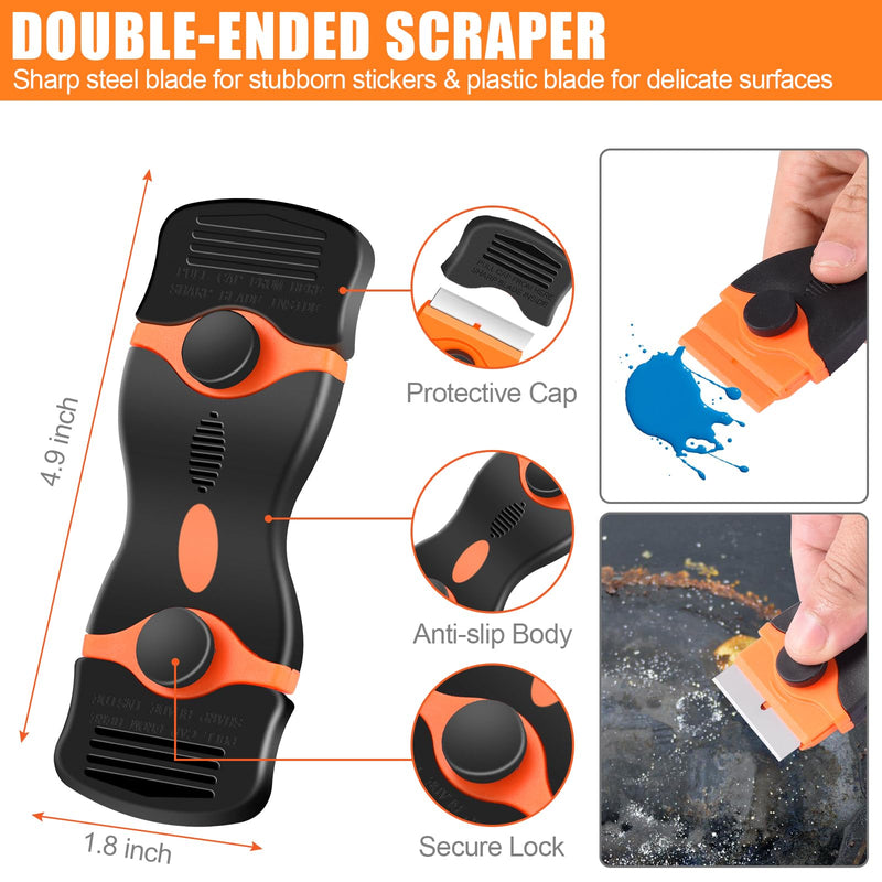 3 Pack Razor Blade Scraper, Premium Cleaning Scraper Tool with 60 PCS Metal & Plastic Razor Blades, Multi-Purpose Glass Scraper for Windows, Sticker, Decals, Cooktop, Paint Removal (Orange) Orange