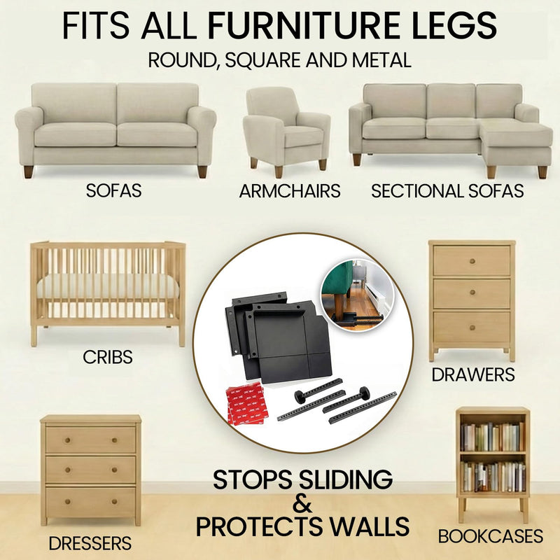 Couch Stoppers to Prevent Sliding — Heavy-Duty Sofa, Bed Leg Stopper for Hardwood, Tile Floors — Protects Walls & Outlets, No Velcro - Universal Fit for All Legs (Round & Square), 2-Pack