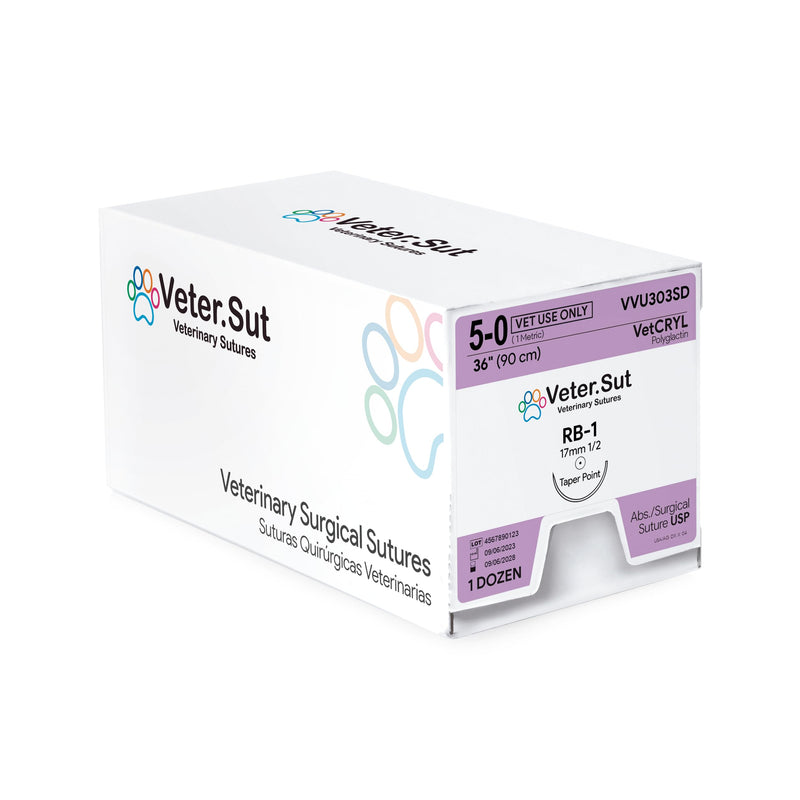 VeterSut VetCRYL Absorbable Polyglactin Surgical Suture USP Size 5-0, (RB-1) 1/2 17mm Taper Point Needle, 36 Inches (90 cm), 12 Count, Veterinary Use