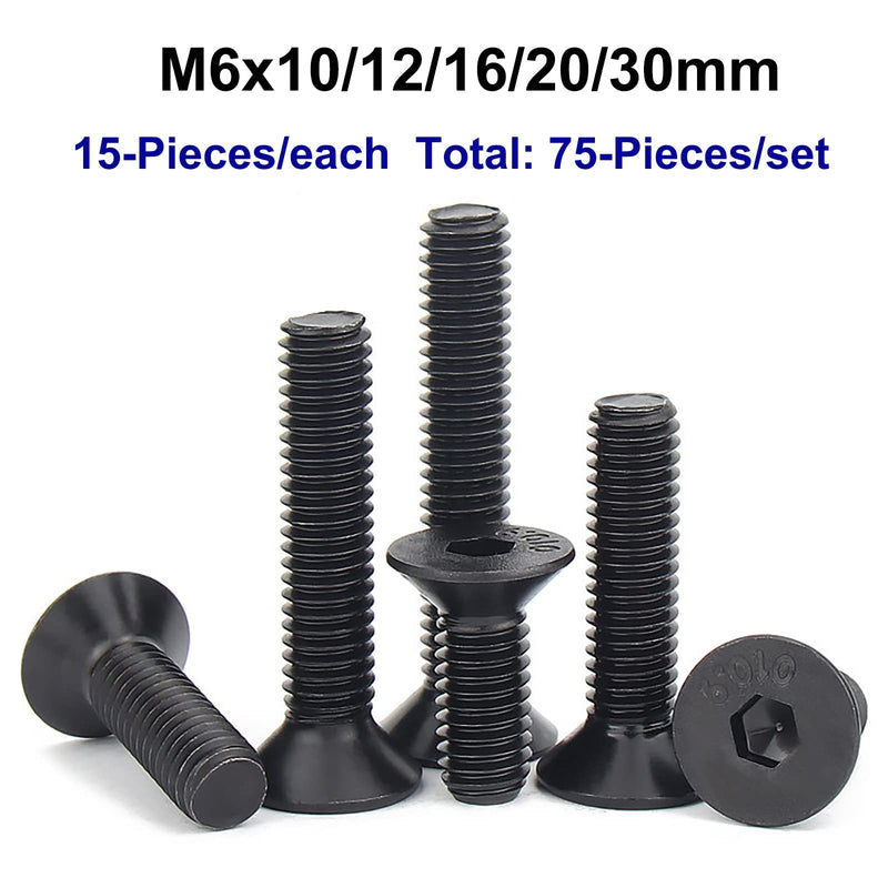 75PCS Flat Head Hex Socket Cap Screw Bolt, Grade 10.9 Alloy Steel, M6 x 10/12/16/20/30mm SCK Allen Head Hex Drive Machine Screw Set with Hex Key, Black Oxide Finish, Fully Threaded Pitch: 1.0mm 75pcs-M6 x 10/12/16/20/30