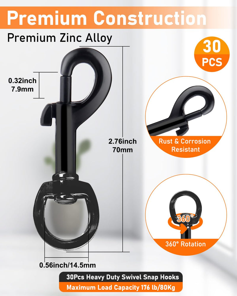 Swivel Trigger Snap Hooks, Heavy Duty 2.75" Dog Leash Clip, 30Pack Rust-Resistant Smooth Single Ended Flag Clips for Flagpole Rope, Keychain, Camera Strap Linking, Pet Leash (Black) Black 2.75"
