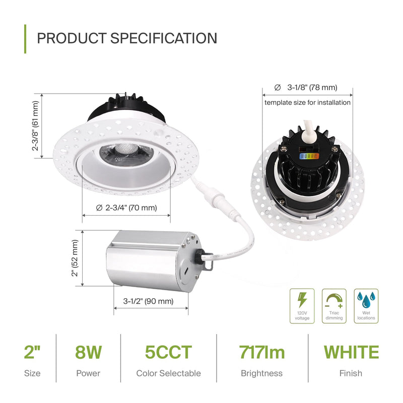 ASD 2 Inch Trimless Gimbal LED Recessed Ceiling Light Fixture, Adjustable Directional Downlight with Junction Box, 5CCT 2700K-5000K, 8W 717 Lumens, CRI90+, Anti-Glare, Dimmable, IC & Wet Rated, ETL 1 White Gimbal 1 Pack 2" 8 Watt