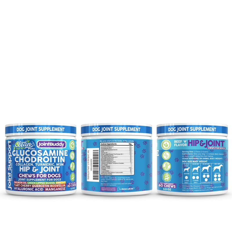 JointBuddy Glucosamine Chondroitin Joint Supplement for Dogs Salmon Oil MSM Tart Cherry Omega 3 6 9 Fish Oil Hyaluronic Acid Supplements & Collagen for Dogs 60 Chews Beef Flavor by Clean Nutra Pets