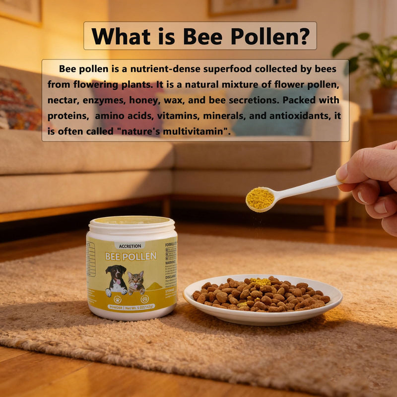 Accretion Bee Pollen for Dogs & Cats, 5oz (Powder), Fine Ground Superfood Powder to Aid Digestion, Enhance Skin Health, Boost Energy and Support Vitality