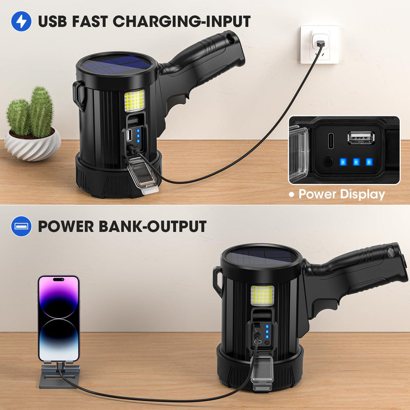 Rechargeable Spotlight, 99,000 Lumens Super Bright Handheld Led Flashlight, Outdoor Spot Light with Cob Light and Solar Panelsfor Boating Camping