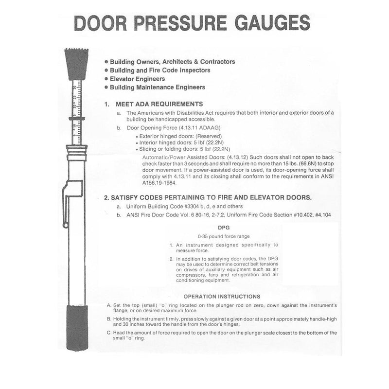 Gordon Glass Co. Door Pressure Gauge, 0-35 Lbs | Made in USA